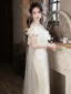 Charmant Beige Perlage Paillettes Appliques Robe De Bal 2023 Trompette / Sirène De l'épaule Manches Courtes Dos Nu Noeud Longue Promo Robe De Ceremonie