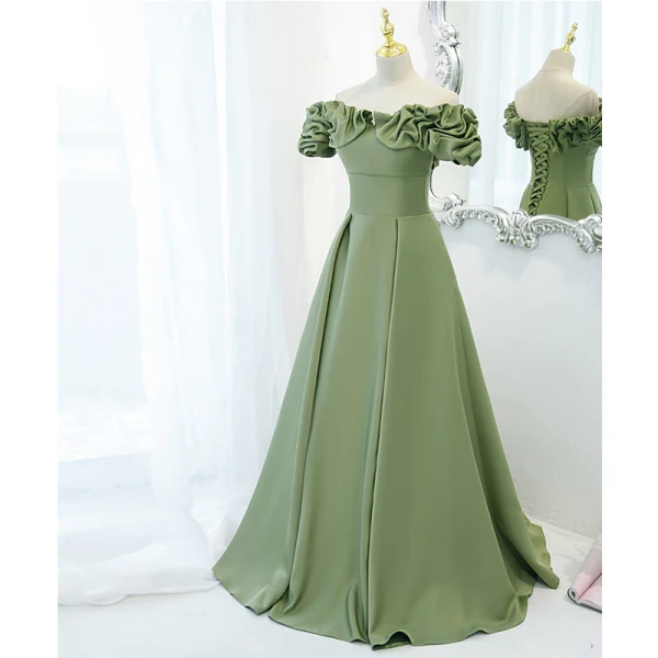 Vintage / Retro Solid Color Satin Green Ruffle Prom Dresses 2021 A-Line / Princess Off-The-Shoulder Crossed Straps Floor-Length / Long Formal Dresses