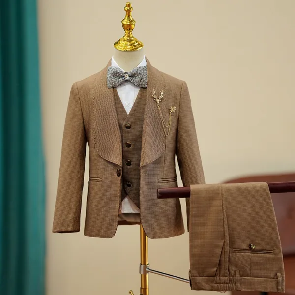 Coffee Long Sleeve 6-piece Boys Wedding Suits 2024 Wedding Body Jewellery Coat Pants Shirt Tie Vest
