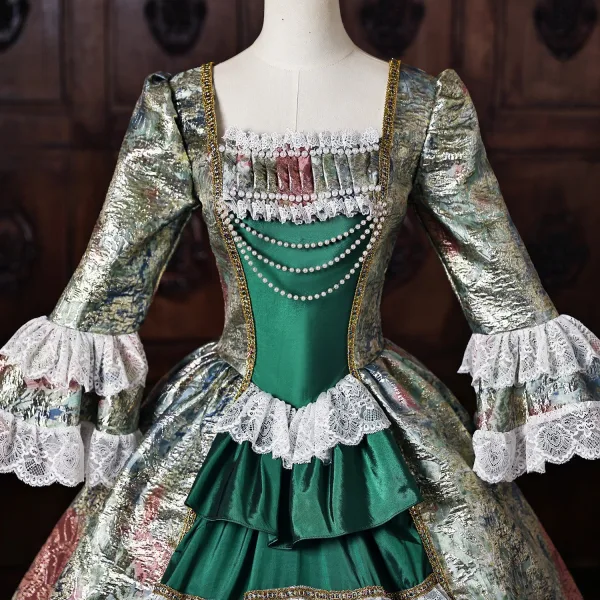 Vintage / Retro Medieval Dark Green Pearl Lace Flower Printing Ruffle Prom Dresses 2026 Ball Gown Square Neckline Bell sleeves Backless Floor-Length / Long