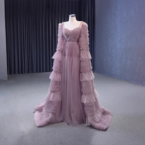 Haut de Gamme Rose Sombre Volants en Cascade Perlage Perle Faux Diamant Robe De Bal 2023 Princesse Encolure Carrée Manches Longues Dos Nu Train De Balayage Promo Robe De Ceremonie