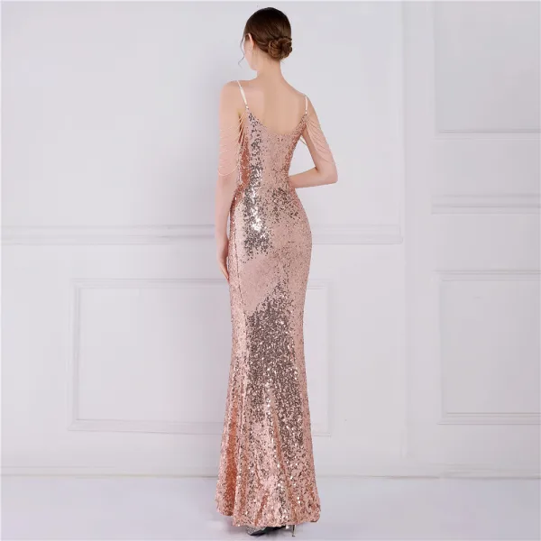 Scintillantes Blanche Laser Paillettes Robe De Soirée 2022 Trompette / Sirène Bretelles Spaghetti Sans Manches Dos Nu Perlage Longue Soirée Robe De Ceremonie