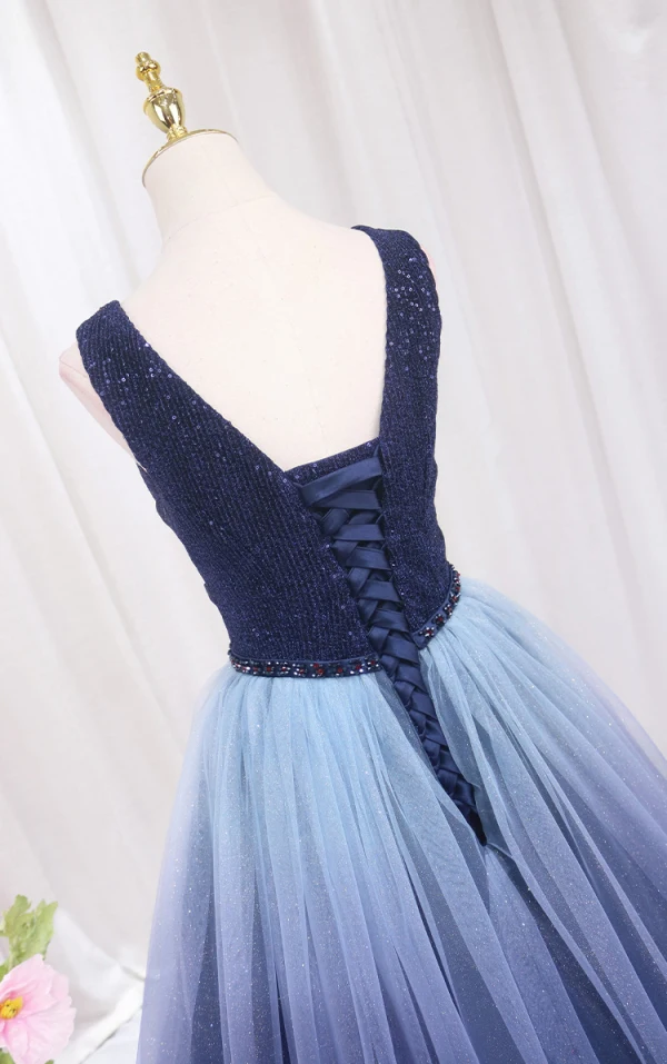 Vintage / Retro Navy Blue Beading Sequins Prom Dresses 2024 Ball Gown V-Neck Sleeveless Backless Floor-Length / Long Prom Formal Dresses