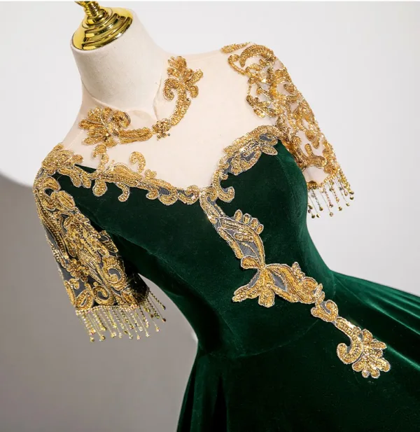 Elegant Dark Green Beading Lace Flower Velvet Prom Dresses 2025 Ball Gown Scoop Neck Short Sleeve Backless Floor-Length / Long Prom Formal Dresses