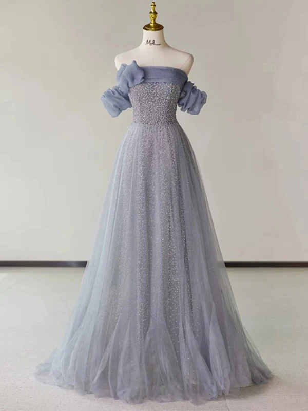 Chic / Beautiful Lavender Beading Evening Dresses 2023 A-Line / Princess Off-The-Shoulder Short Sleeve Backless Floor-Length / Long Evening Party Formal Dresses