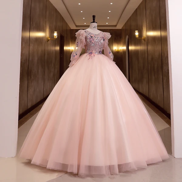 Élégant Rougissant Rose Perlage Paillettes En Dentelle Fleur Robe De Bal 2022 Robe Boule Encolure Dégagée Manches Longues Dos Nu Longue Robe De Ceremonie
