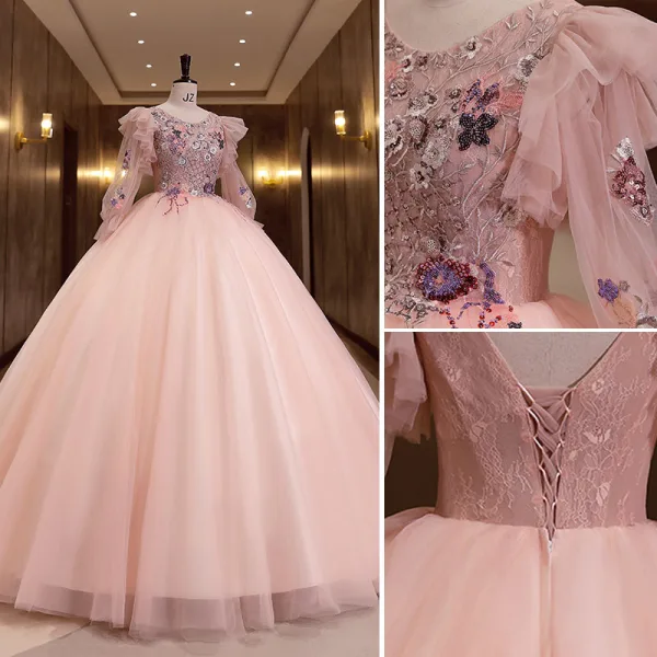 Élégant Rougissant Rose Perlage Paillettes En Dentelle Fleur Robe De Bal 2022 Robe Boule Encolure Dégagée Manches Longues Dos Nu Longue Robe De Ceremonie