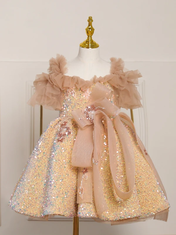 Scintillantes Doré Perlage Paillettes Noeud Courte Anniversaire Robe Ceremonie Fille 2023 Robe Boule Encolure Carrée Manches Courtes Dos Nu
