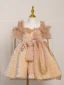 Scintillantes Doré Perlage Paillettes Noeud Courte Anniversaire Robe Ceremonie Fille 2023 Robe Boule Encolure Carrée Manches Courtes Dos Nu