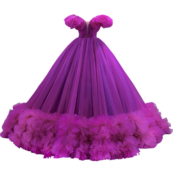 Chic / Beautiful Purple Ruffle Formal Dresses 2022 Ball Gown Off-The-Shoulder Puffy Short Sleeve Beading Backless Sweep Train Prom Dresses