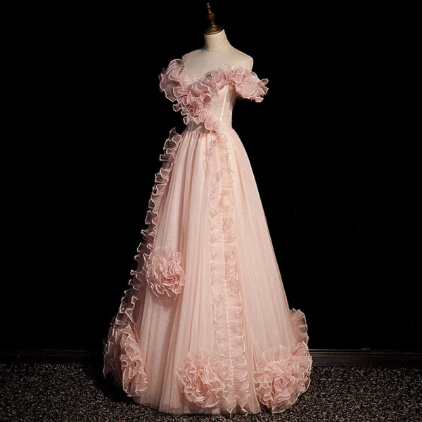 Classy Pearl Pink Pearl Sequins Prom Dresses 2022 A-Line / Princess Off-The-Shoulder Ruffle Flower Short Sleeve Backless Floor-Length / Long Prom Formal Dresses