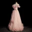 Classy Pearl Pink Pearl Sequins Prom Dresses 2022 A-Line / Princess Off-The-Shoulder Ruffle Flower Short Sleeve Backless Floor-Length / Long Prom Formal Dresses