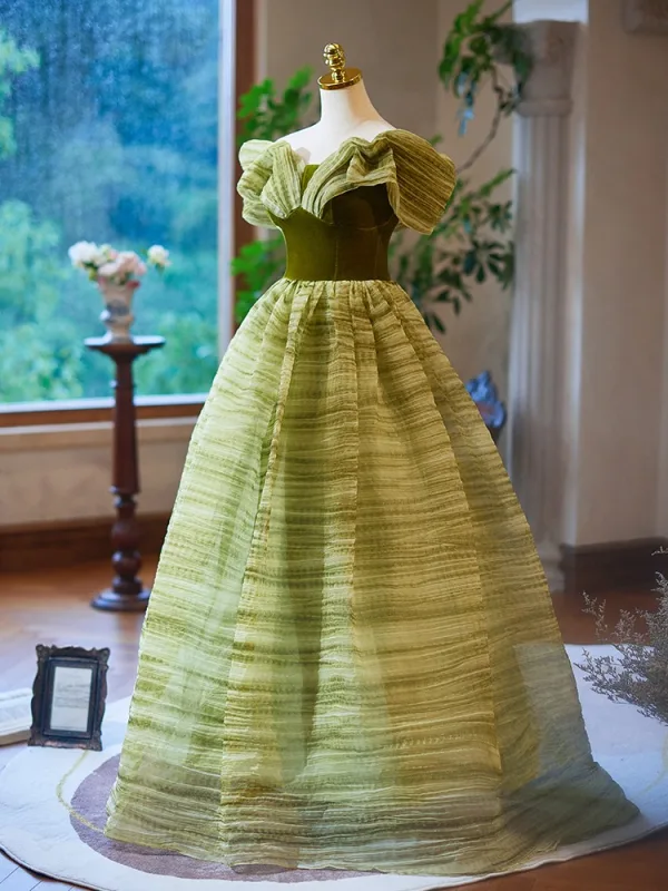 Chic / Beautiful Sage Green Prom Dresses 2024 Ball Gown Off-The-Shoulder Sleeveless Backless Floor-Length / Long Prom Formal Dresses