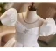 Chic / Beautiful White Satin Wedding Flower Girl Dresses 2026 Ball Gown Scoop Neck Puffy Short Sleeve Backless Floor-Length / Long