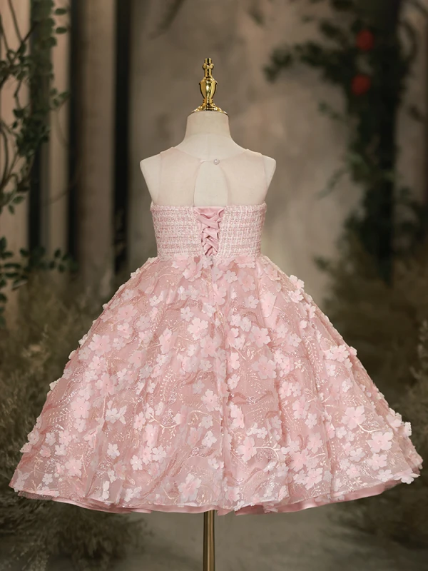 Lovely Blushing Pink Beading Sequins Appliques Short Birthday Flower Girl Dresses 2024 Ball Gown Scoop Neck Sleeveless Backless