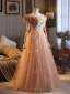 Chic / Beautiful Champagne Appliques Sequins Prom Dresses 2026 A-Line / Princess Off-The-Shoulder Short Sleeve Backless Floor-Length / Long Prom Formal Dresses