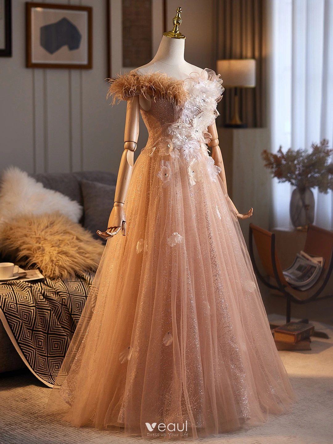 Chic Beautiful Champagne Appliques Sequins Prom Dresses 2026 A-Line Princess Short Long