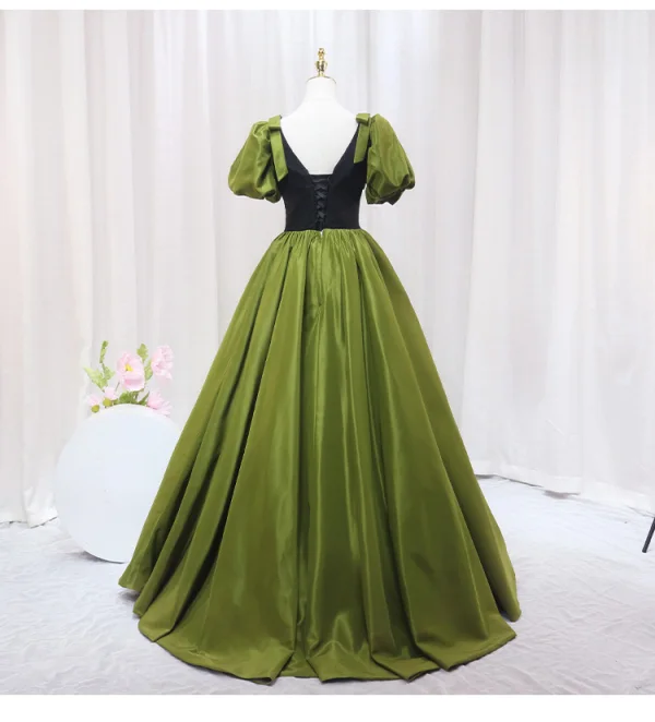 Fashion Clover Green Prom Dresses 2024 Ball Gown V-Neck Puffy Short Sleeve Backless Floor-Length / Long Prom Formal Dresses