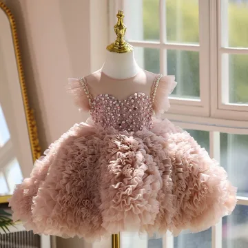 Chic Beautiful Blushing Pink Beading Pearl Sequins Pleated Short Birthday Flower Girl Dresses 2025 Ball Gown Scoop Neck Sleeveless