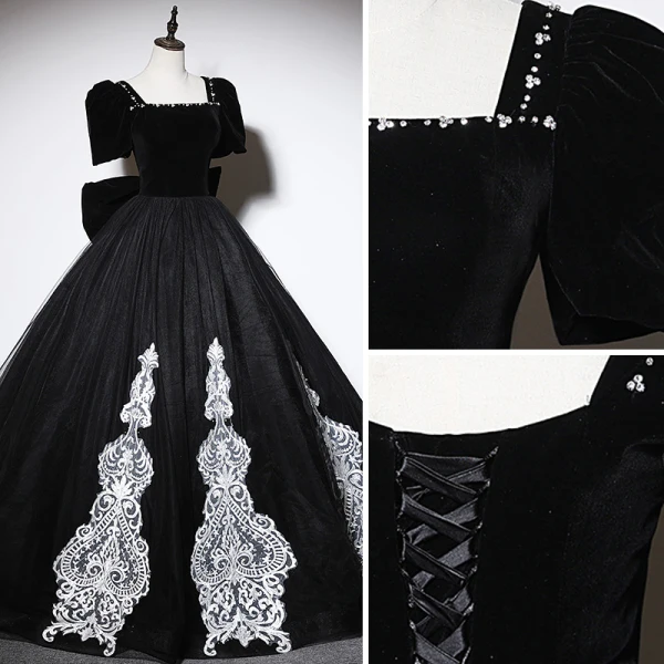 Elegant Black Lace Flower Prom Dresses 2023 Ball Gown Square Neckline Short Sleeve Backless Bow Floor-Length / Long Prom Formal Dresses