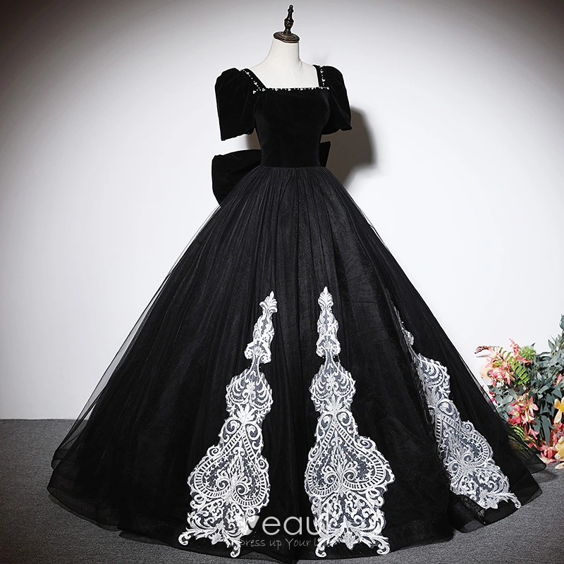 Chic / Beautiful Black Rhinestone Flower Prom Dresses 2024 Ball Gown V-Neck  Short Sleeve Backless Floor-Length / Long Prom Formal Dresses