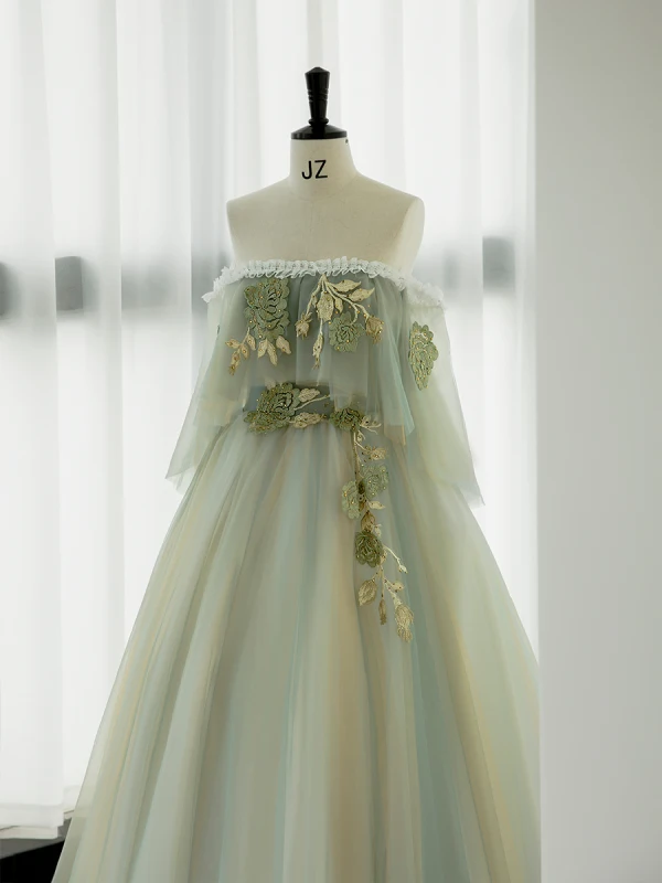 Elegant Sage Green Rhinestone Lace Flower Prom Dresses 2023 A-Line / Princess Off-The-Shoulder Sleeveless Backless Floor-Length / Long Prom Formal Dresses