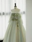 Elegant Sage Green Rhinestone Lace Flower Prom Dresses 2023 A-Line / Princess Off-The-Shoulder Sleeveless Backless Floor-Length / Long Prom Formal Dresses