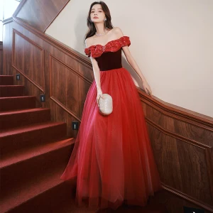 Chic Rouge Daim Paillettes Robe De Soirée 2022 Princesse De L Épaule Sans Manches Dos Nu Longue Soirée Robe De Ceremonie