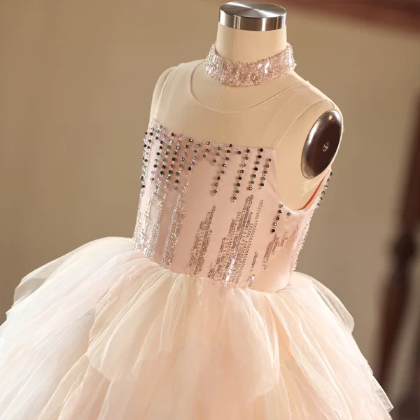 Chic / Beautiful Blushing Pink Beading Sequins Cascading Ruffles Birthday Flower Girl Dresses 2025 Ball Gown High Neck Sleeveless Backless Floor-Length / Long