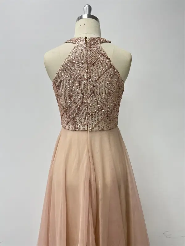 Chic / Beautiful Gold Sequins Asymmetrical Prom Dresses 2024 A-Line / Princess High Neck Sleeveless Tulle Prom Formal Dresses