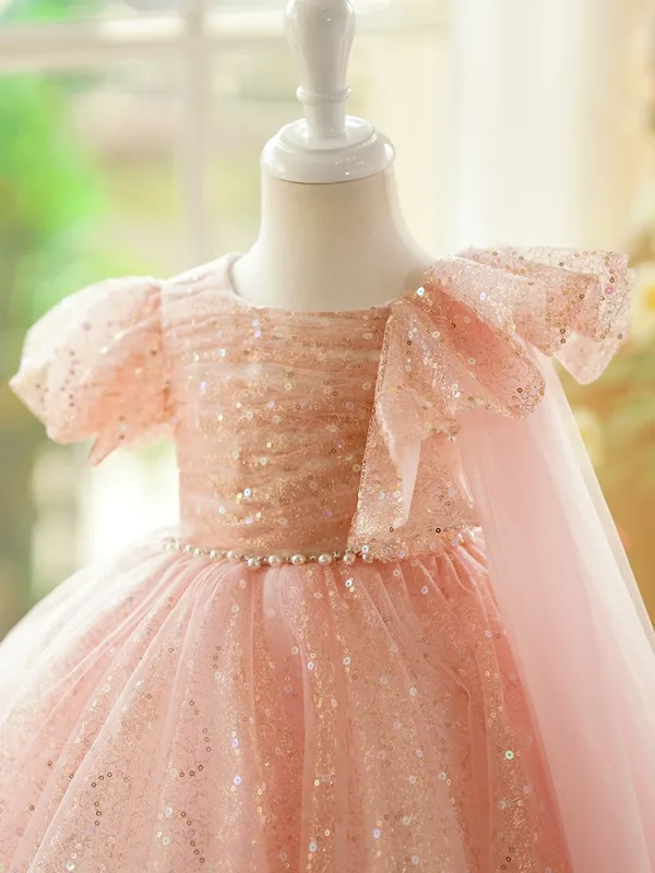 Bling Bling Blushing Pink Beading Pearl Sequins Birthday Flower Girl Dresses 2024 Ball Gown Scoop Neck Puffy Short Sleeve Floor-Length / Long