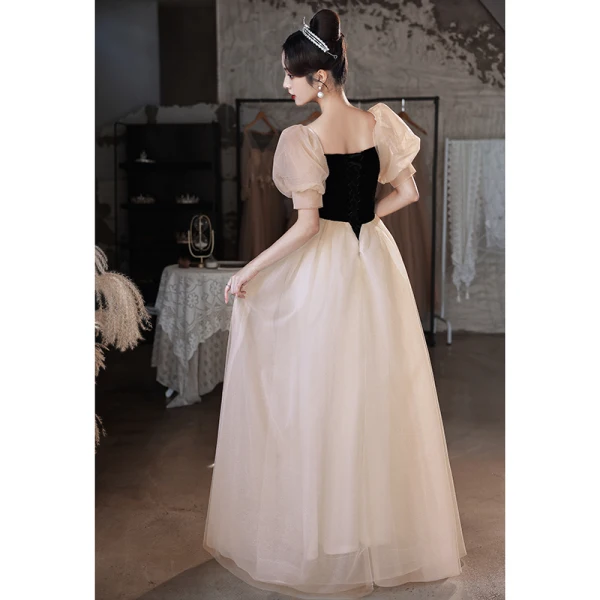 Chic / Beautiful Champagne Prom Dresses 2022 A-Line / Princess Square Neckline Puffy Short Sleeve Backless Floor-Length / Long Formal Dresses