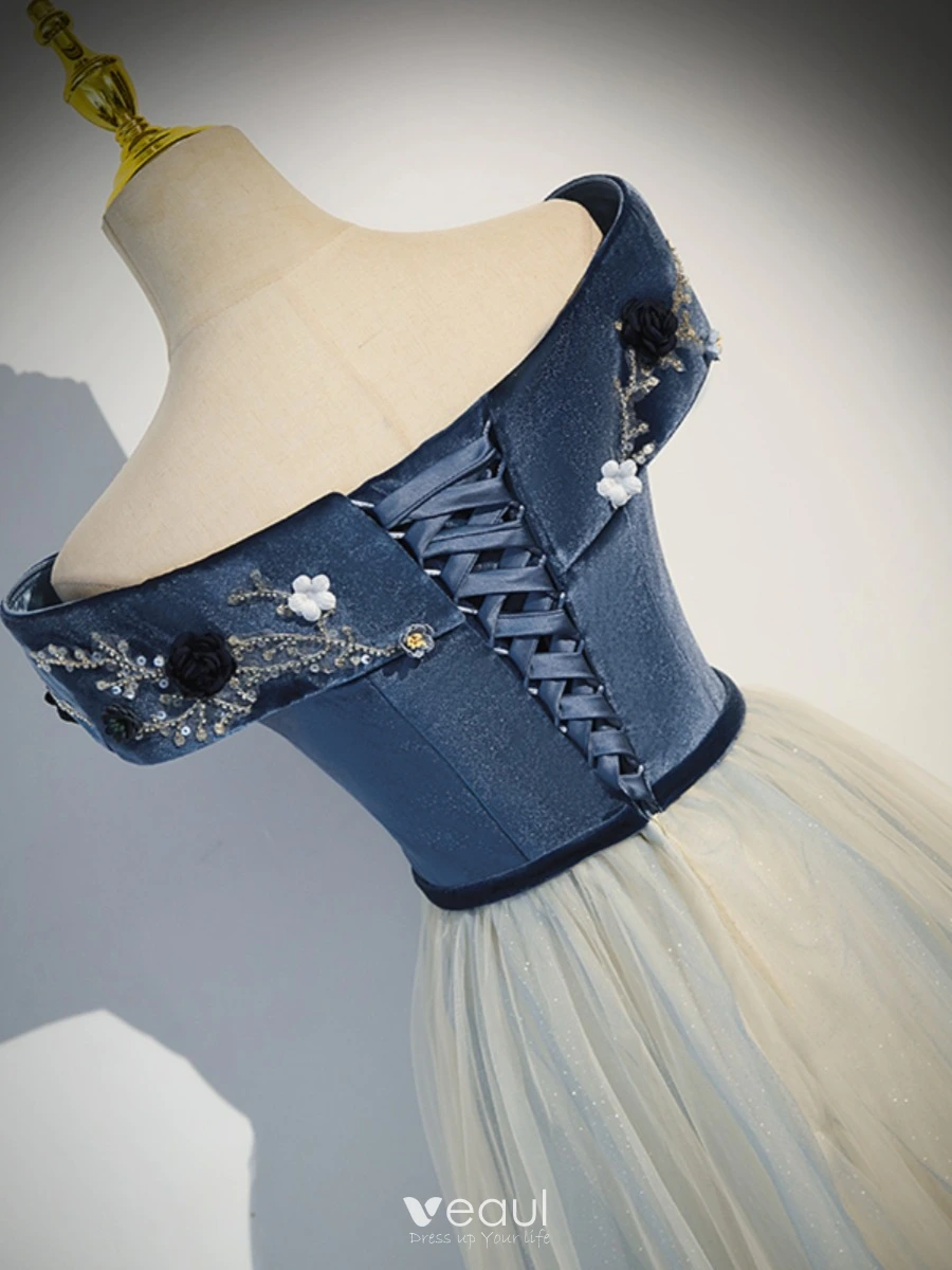 Off Shoulder Navy Velvet Appliques Beaded Prom Dresses