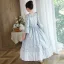 Medieval Sky Blue Printing Birthday Flower Girl Dresses 2023 A-Line / Princess Scoop Neck Pearl Bow Bell sleeves Floor-Length / Long Flower Girl Dresses