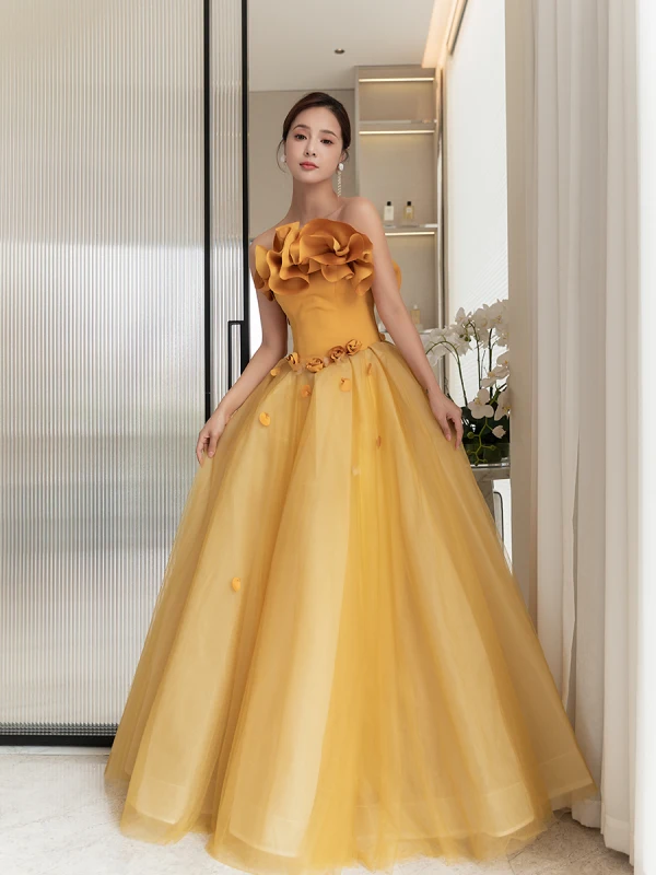 Fashion Appliques Yellow Prom Dresses 2023 A-Line / Princess Strapless Sleeveless Backless Floor-Length / Long Prom Formal Dresses