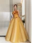 Fashion Appliques Yellow Prom Dresses 2023 A-Line / Princess Strapless Sleeveless Backless Floor-Length / Long Prom Formal Dresses