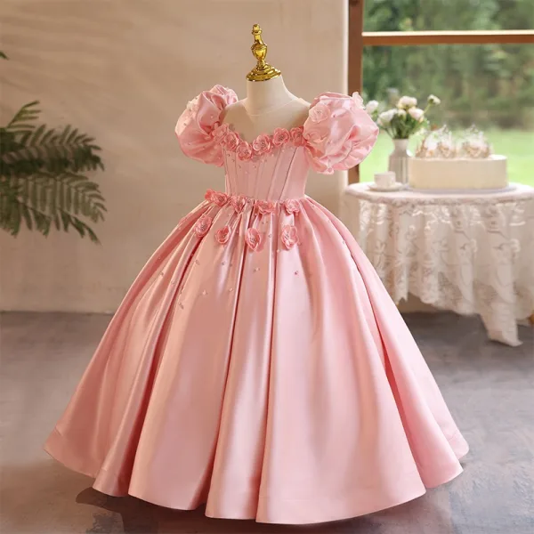 Lovely Blushing Pink Appliques Birthday Flower Girl Dresses 2024 Ball Gown Square Neckline Puffy Short Sleeve Backless Floor-Length / Long Flower Girl Dresses