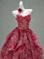Luxury / Gorgeous Burgundy Appliques Cascading Ruffles Prom Dresses 2025 Ball Gown Strapless Sleeveless Backless Sweep Train Formal Dresses