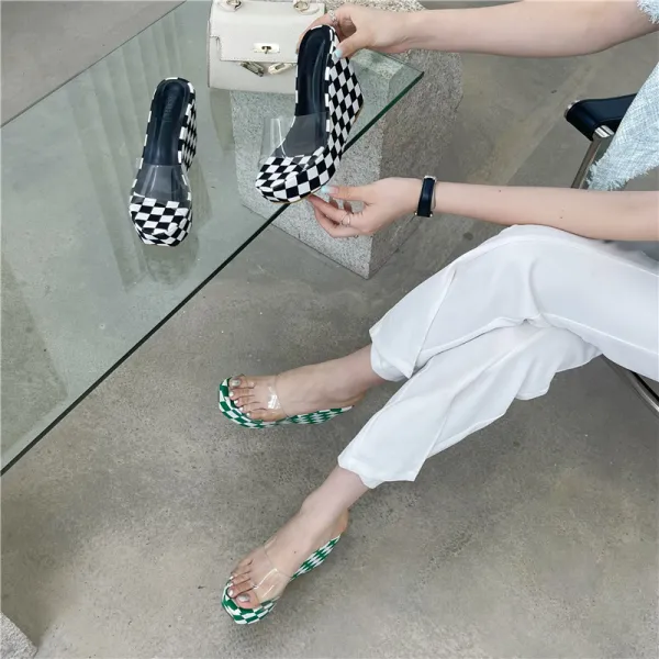 Fashion Black Summer Street Wear Plaid Womens Sandals 2022 11 cm Wedges Open / Peep Toe Sandals High Heels