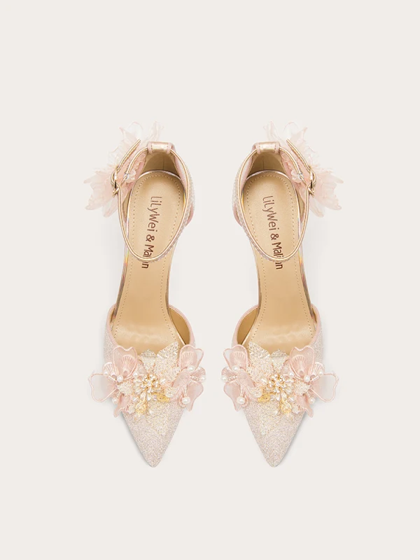 Sexy Rougissant Rose Glitter Perle Faux Diamant Appliques Promo Sandales Femme 2024 Cuir Bride Cheville 10 cm Talons Aiguilles À Bout Pointu Sandales Talons Hauts
