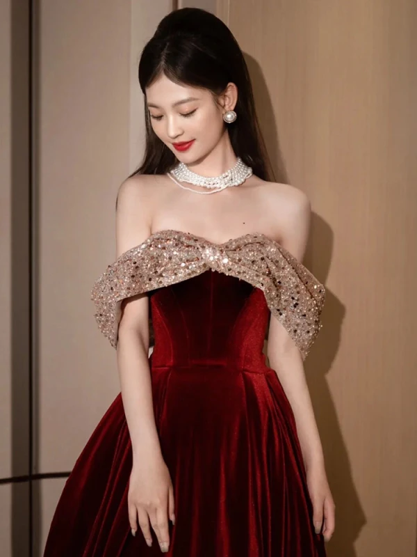 Sexy Burgundy Sequins Velvet Prom Dresses 2023 A-Line / Princess Off-The-Shoulder Sleeveless Backless Floor-Length / Long Prom Formal Dresses