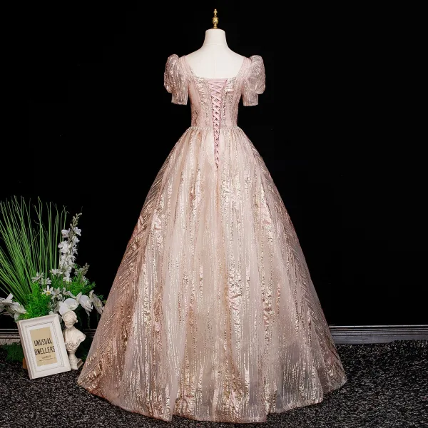 Chic / Beautiful Blushing Pink Glitter Prom Dresses 2025 Ball Gown Square Neckline Short Sleeve Backless Floor-Length / Long Formal Dresses