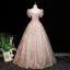 Chic / Beautiful Blushing Pink Glitter Prom Dresses 2025 Ball Gown Square Neckline Short Sleeve Backless Floor-Length / Long Formal Dresses
