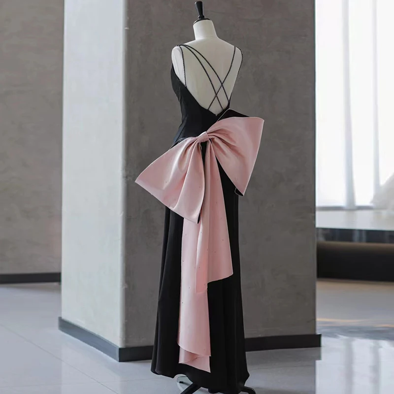 Fashion Black Satin Split Front Evening Dresses 2023 Trumpet Mermaid Spaghetti Straps
