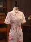 Chiński Styl Rumieniąc Różowy Cekiny Druk Wieczorowe Cheongsam 2024 Syrena / Rozkloszowane Wysokiej Szyi Kótkie Rękawy Długość Herbaty