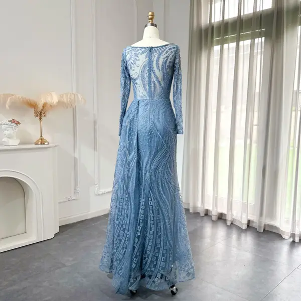 High-end Pool Blue Handmade Beading Lace Flower Prom Dresses 2024 Trumpet / Mermaid Scoop Neck Long Sleeve Floor-Length / Long Prom Formal Dresses