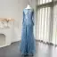 High-end Pool Blue Handmade  Beading Lace Flower Prom Dresses 2024 Trumpet / Mermaid Scoop Neck Long Sleeve Floor-Length / Long Prom Formal Dresses