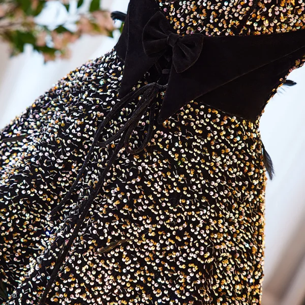 Bling Bling Noire Paillettes Robe De Bal 2023 Princesse De l'épaule Manches Courtes Dos Nu Noeud Longue Promo Robe De Ceremonie