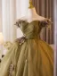 Elegant Clover Green Appliques Tassel Prom Dresses 2024 Ball Gown Off-The-Shoulder Sleeveless Backless Floor-Length / Long Prom Formal Dresses