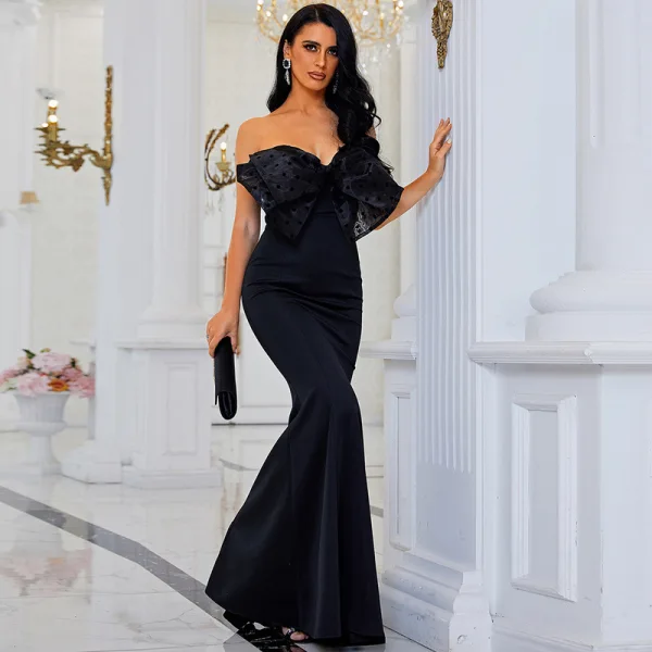 Sexy Black Evening Dresses 2022 Trumpet / Mermaid Off-The-Shoulder Bow Sleeveless Backless Floor-Length / Long Evening Party Formal Dresses